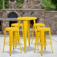 Flash Furniture CH-51080BH-4-30SQST-YL-GG 24" Round Bar Table Set with 4 Square Seat Backless Barstools in Yellow